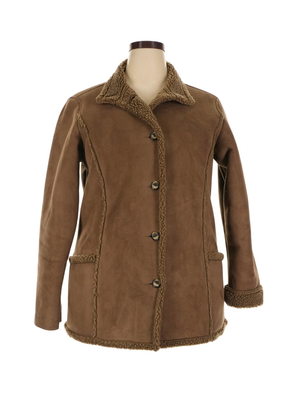 L.L Bean Vintage Brown Faux Shearling Trim Button Closure Collared Coat 1x